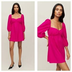 Reformation Farley Mini Dress Size 10 Hot Pink Puff Sleeve Babydoll Cotton